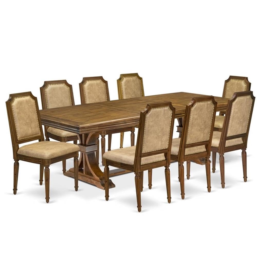 9-Piece Acacia Wood Dining Table Set with 8 Beige PU Leather Chairs G6965