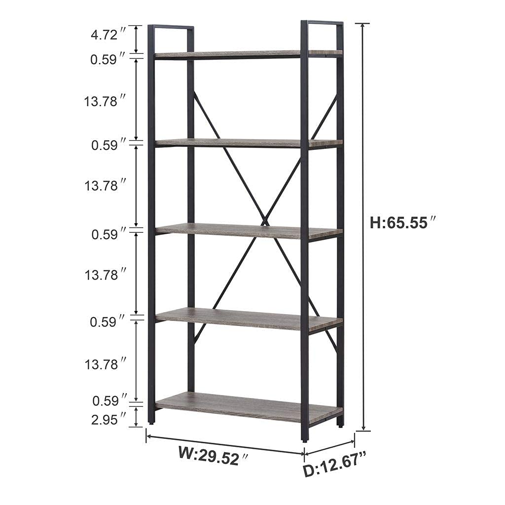 5 Tier Grey Wood and Metal Bookshelf X1403