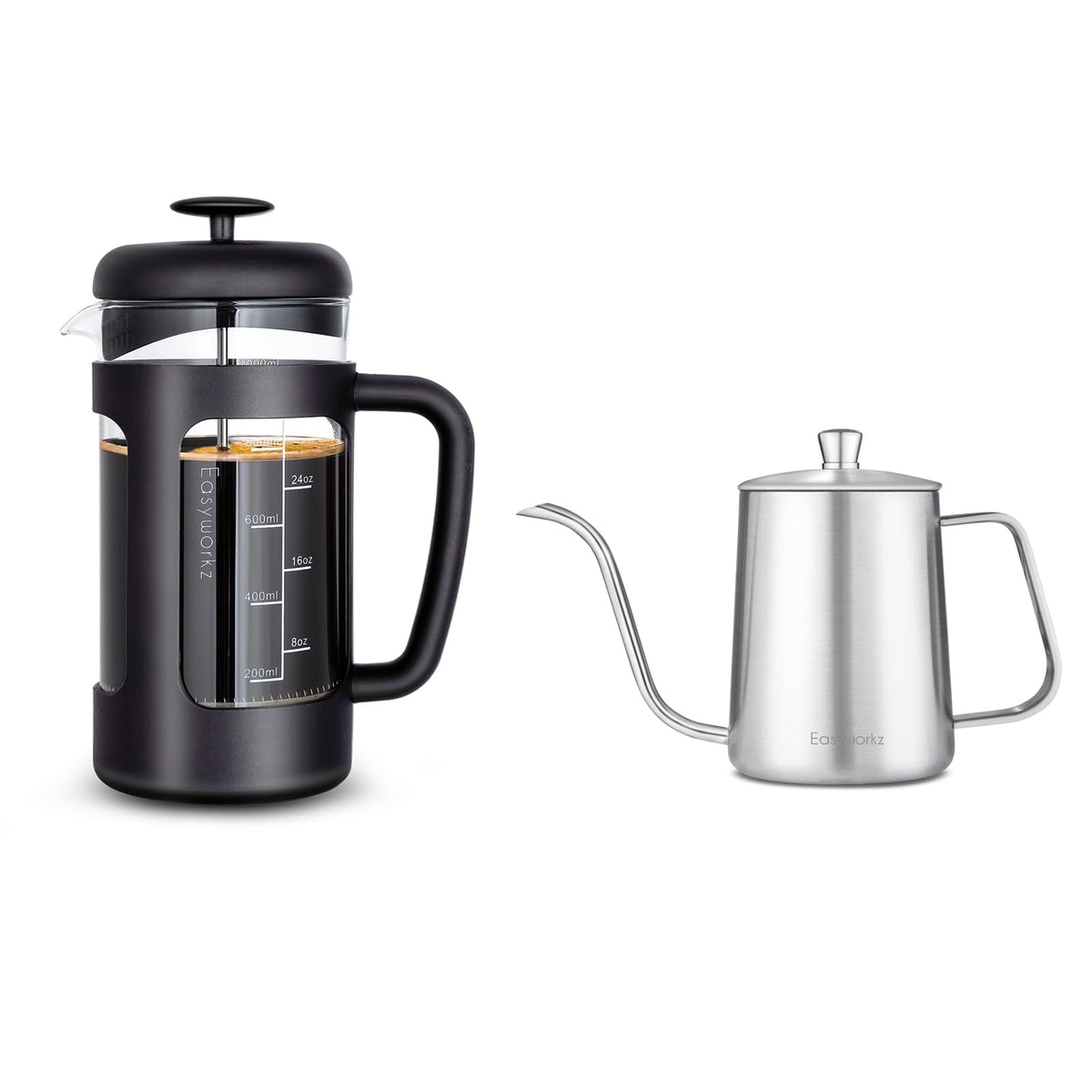 French Press and Gooseneck Pour Over Coffee Kettle 34 oz 12 oz Stainless Steel Silver S995311