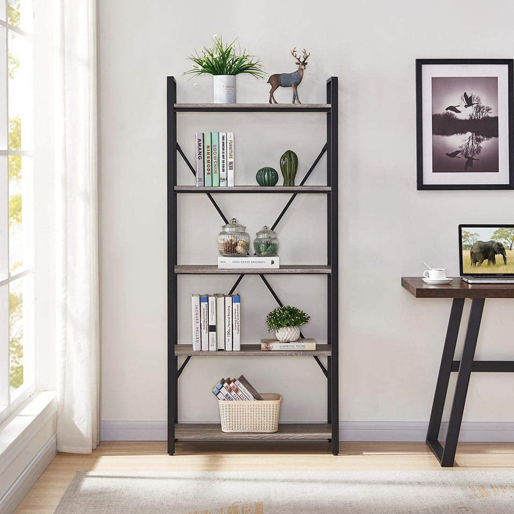 5 Tier Grey Wood and Metal Bookshelf X1403