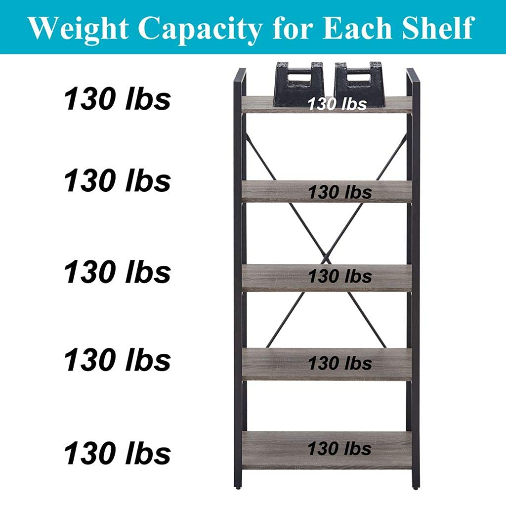 5 Tier Grey Wood and Metal Bookshelf X1403