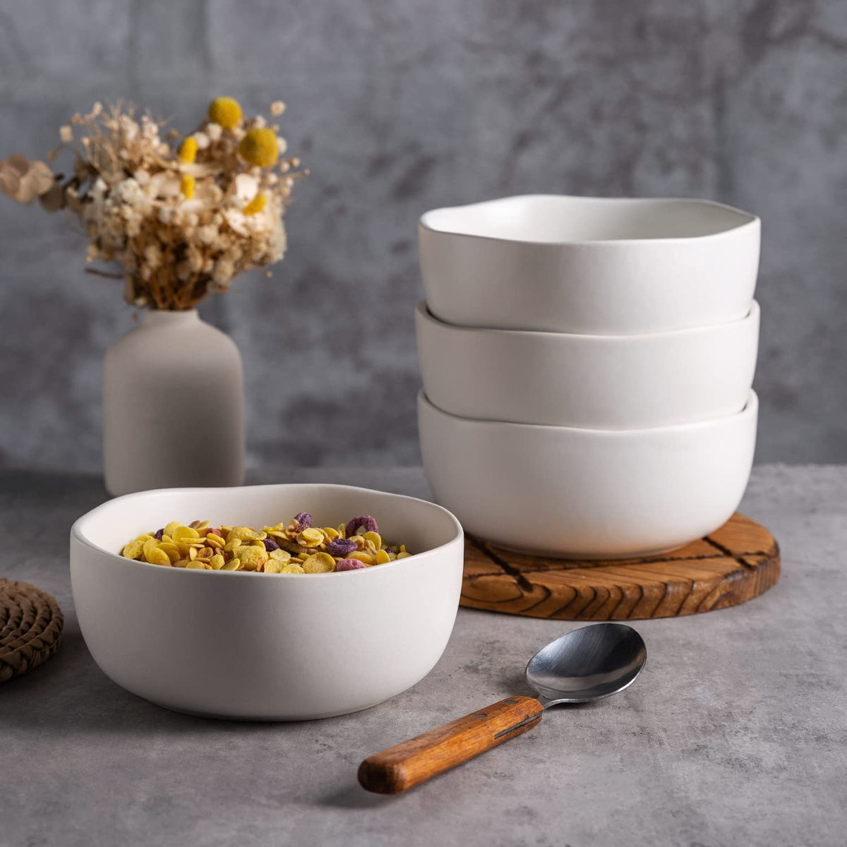 28oz Stoneware Cereal Bowls Set of 4 Matte White M9990