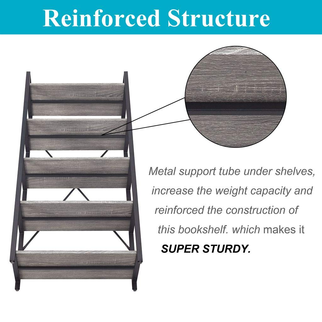5 Tier Grey Wood and Metal Bookshelf X1403