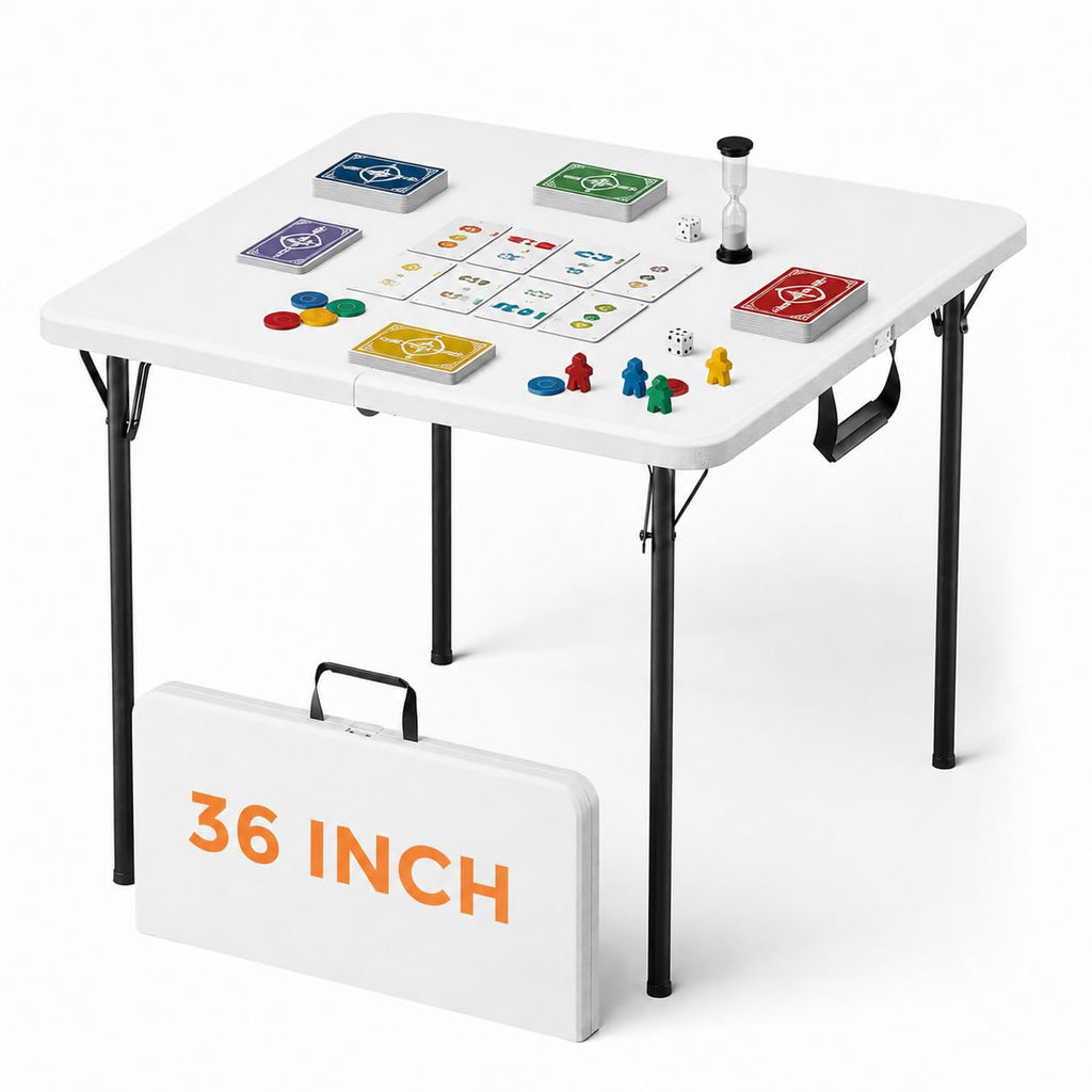 36" Square White Plastic Folding Card Table with Carrying Handle X28490