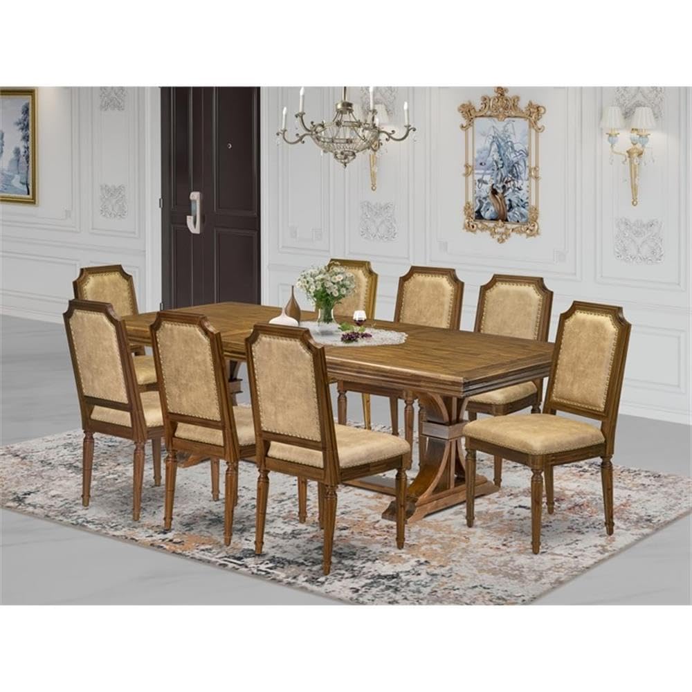 9-Piece Acacia Wood Dining Table Set with 8 Beige PU Leather Chairs G6965
