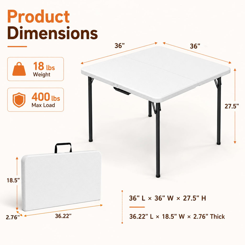 36" Square White Plastic Folding Card Table with Carrying Handle X28490