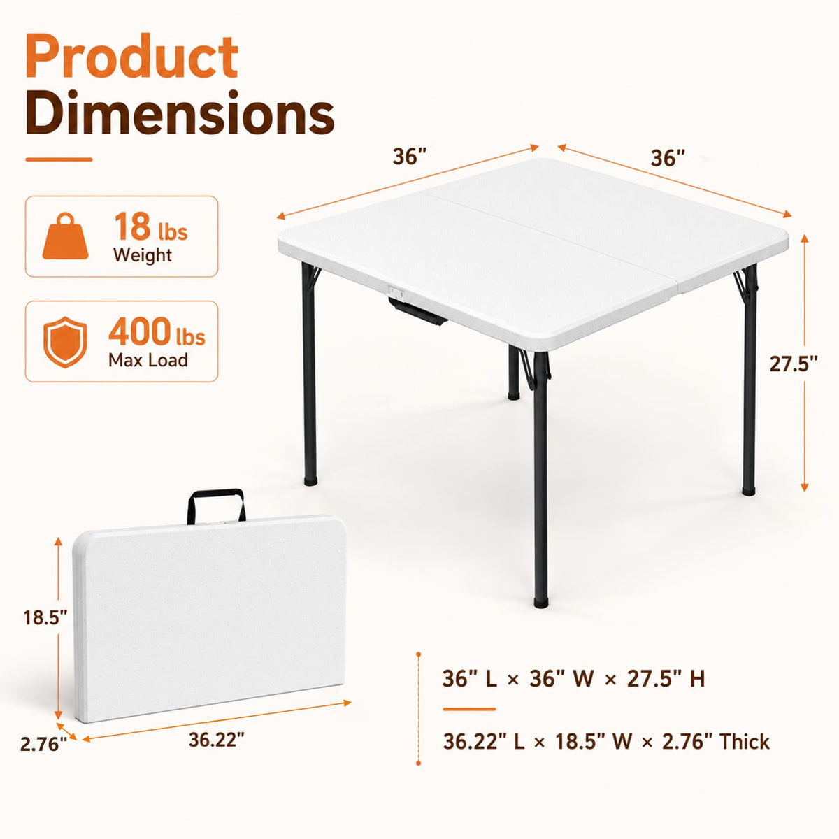 36" Square White Plastic Folding Card Table with Carrying Handle X28490
