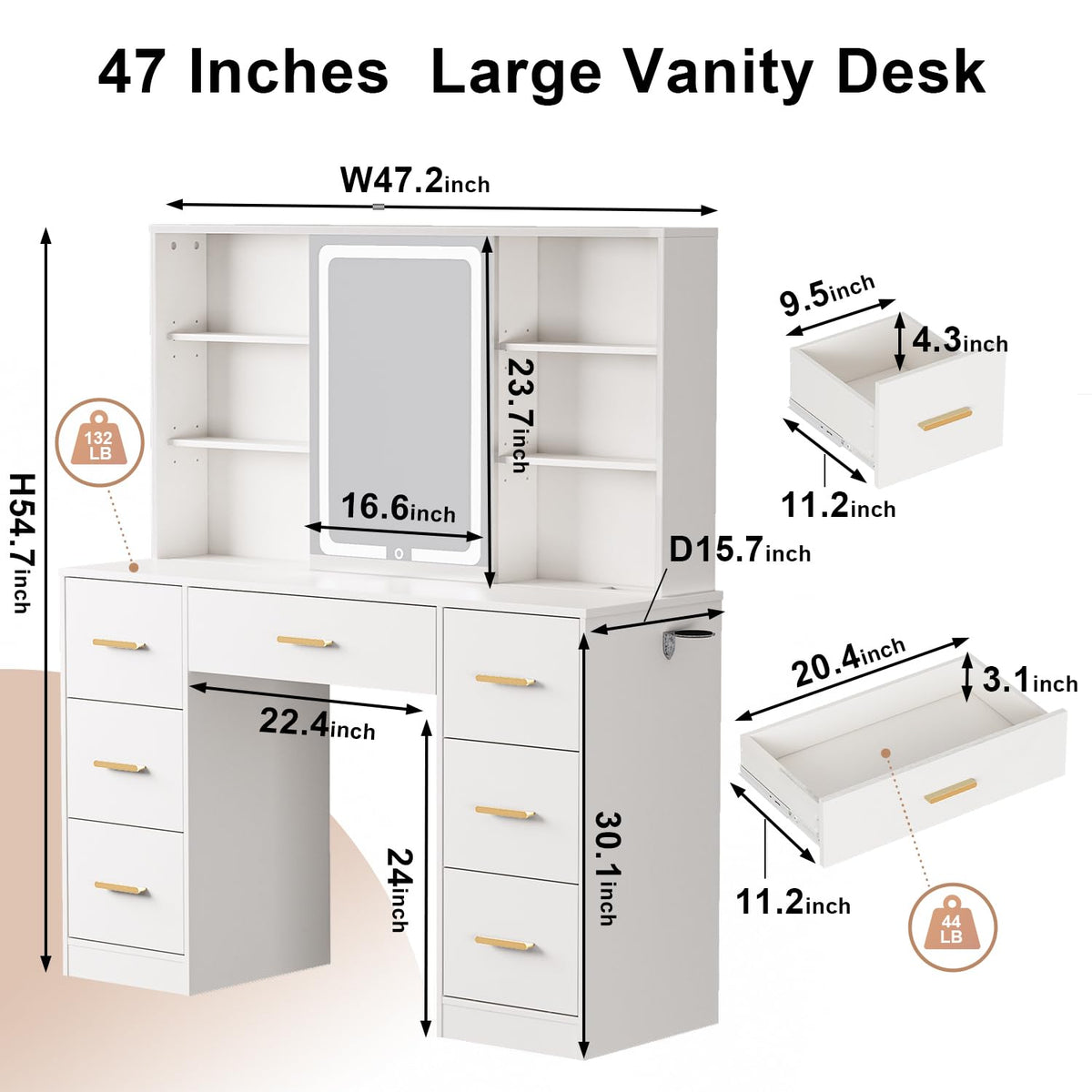 47'' White Vanity Desk with Mirror and Lights, 7 Drawers, 8 Storage Shelves A14197
