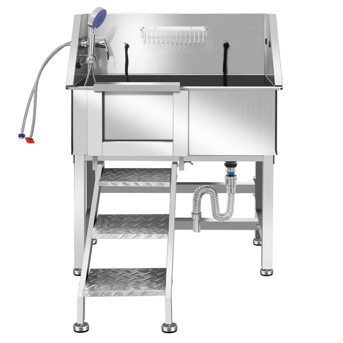 34 Inch Stainless Steel Dog Grooming Bathtub with Anti-Slip Stairs U65485