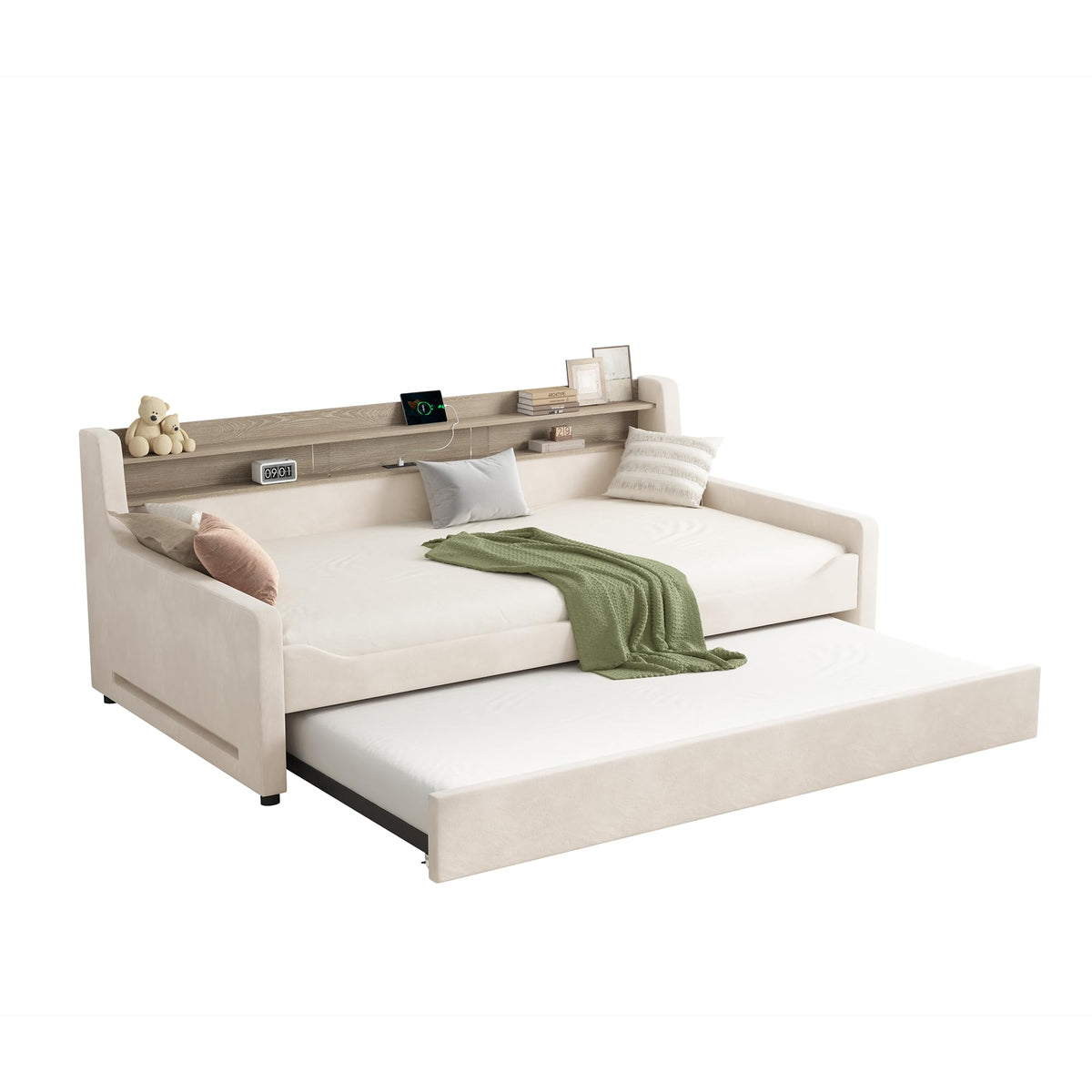 Twin Upholstered Daybed with Trundle and Storage Headboard O572204