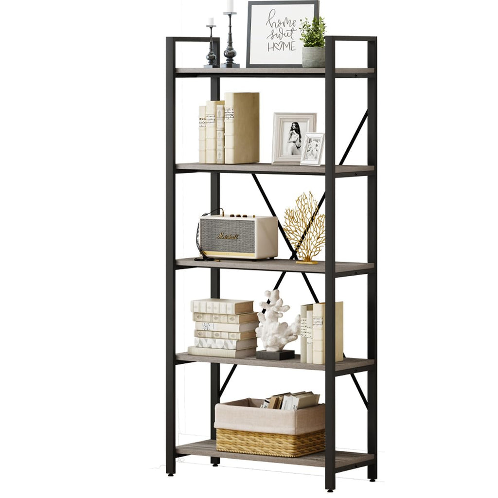 5 Tier Grey Wood and Metal Bookshelf X1403