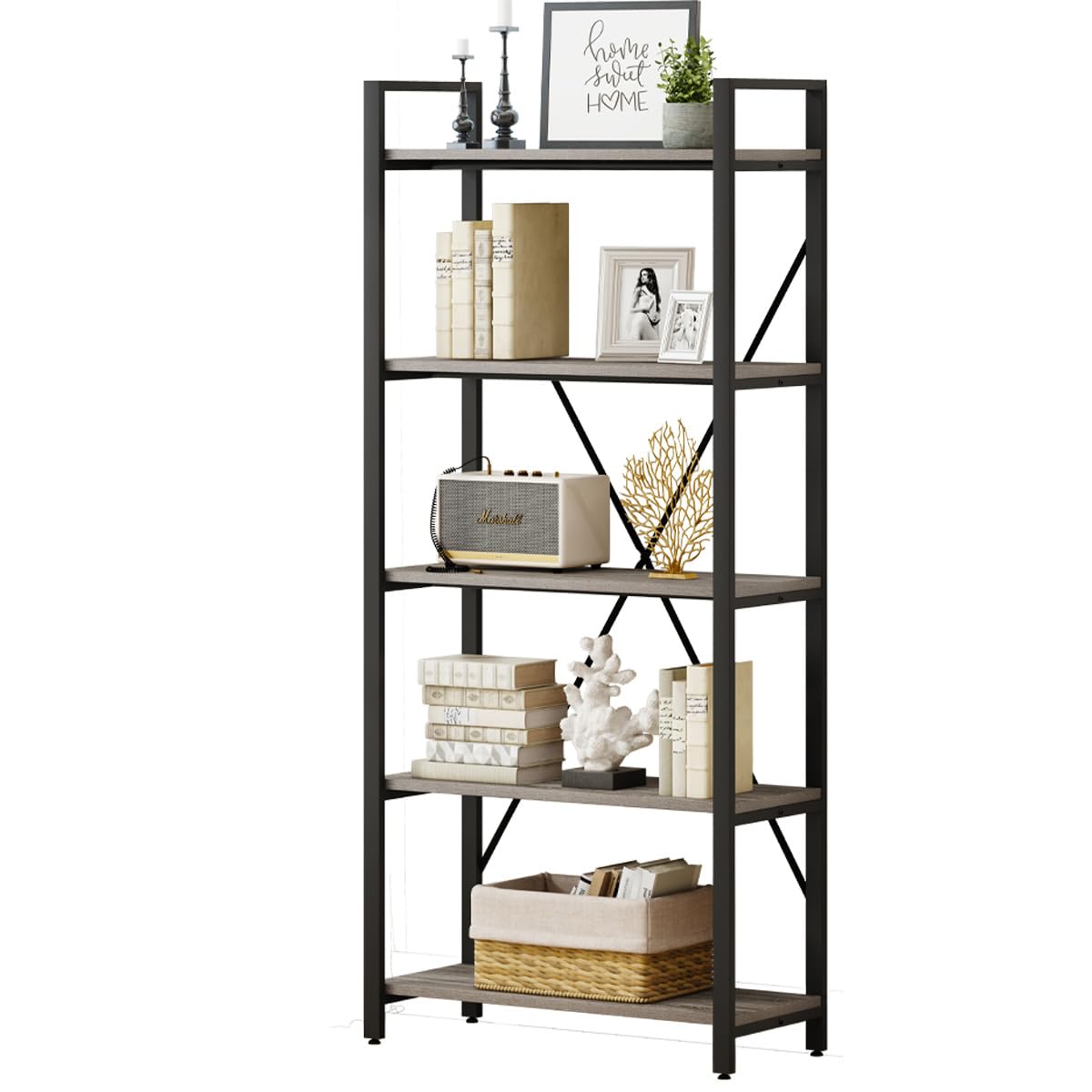 5 Tier Grey Wood and Metal Bookshelf X1403