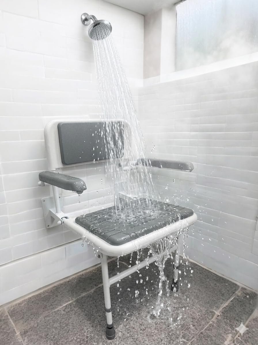 Wall Mounted Foldable Shower Seat with Folding Padded Arms, Back & Seat, Adjustable Height U882856