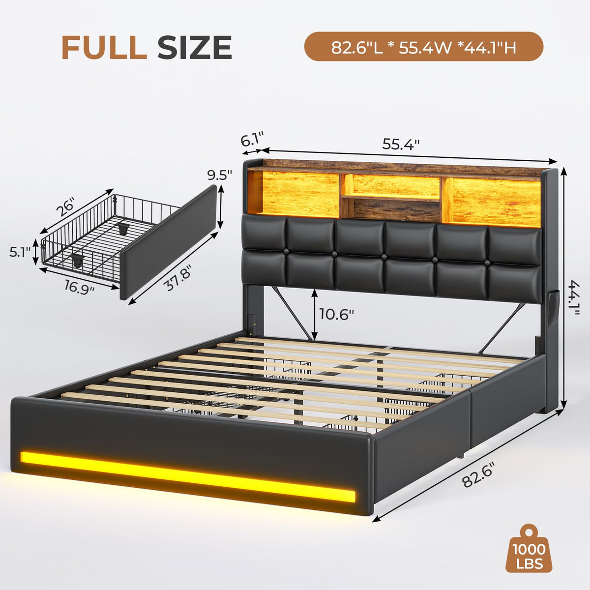Black Full Size Upholstered Platform Bed Frame with Bookcase Headboard and 4 Drawers M80679