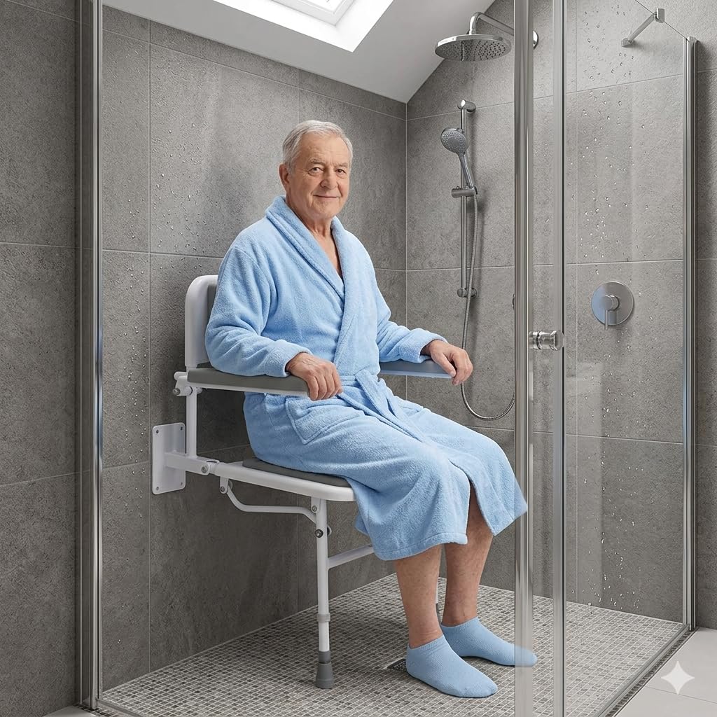 Wall Mounted Foldable Shower Seat with Folding Padded Arms, Back & Seat, Adjustable Height U882856