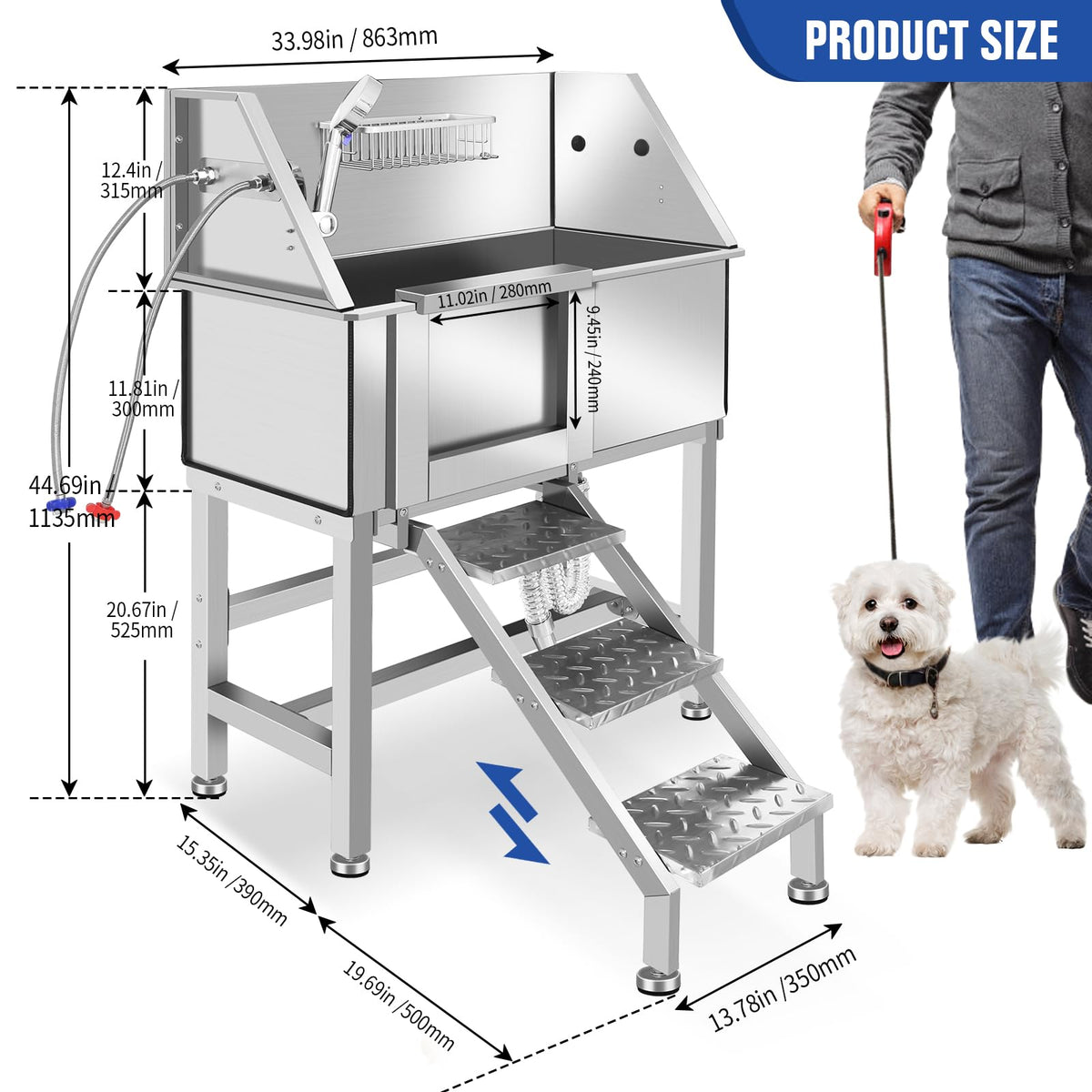 34 Inch Stainless Steel Dog Grooming Bathtub with Anti-Slip Stairs U65485