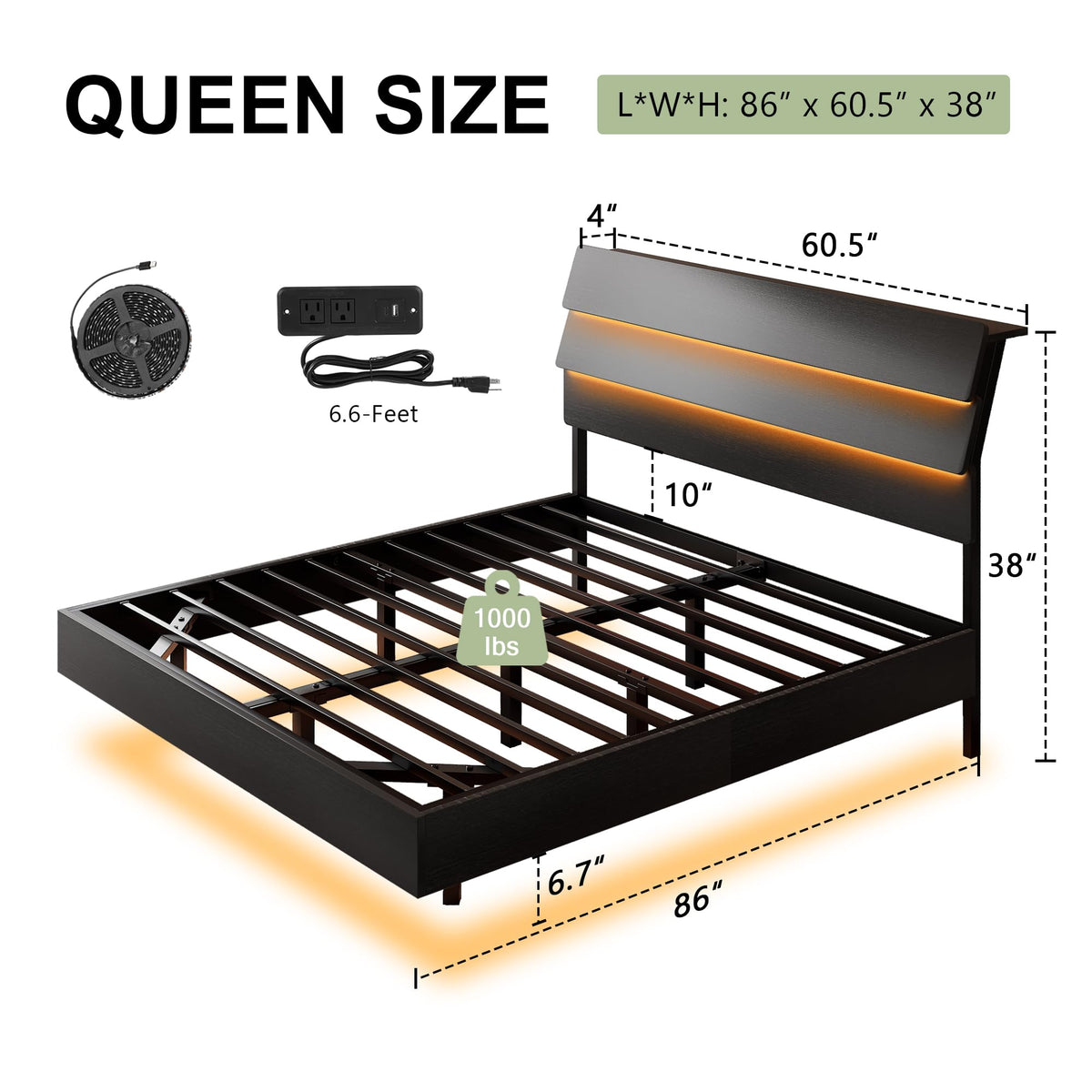 Black Queen Size Floating Bed Frame with Storage Headboard U3559