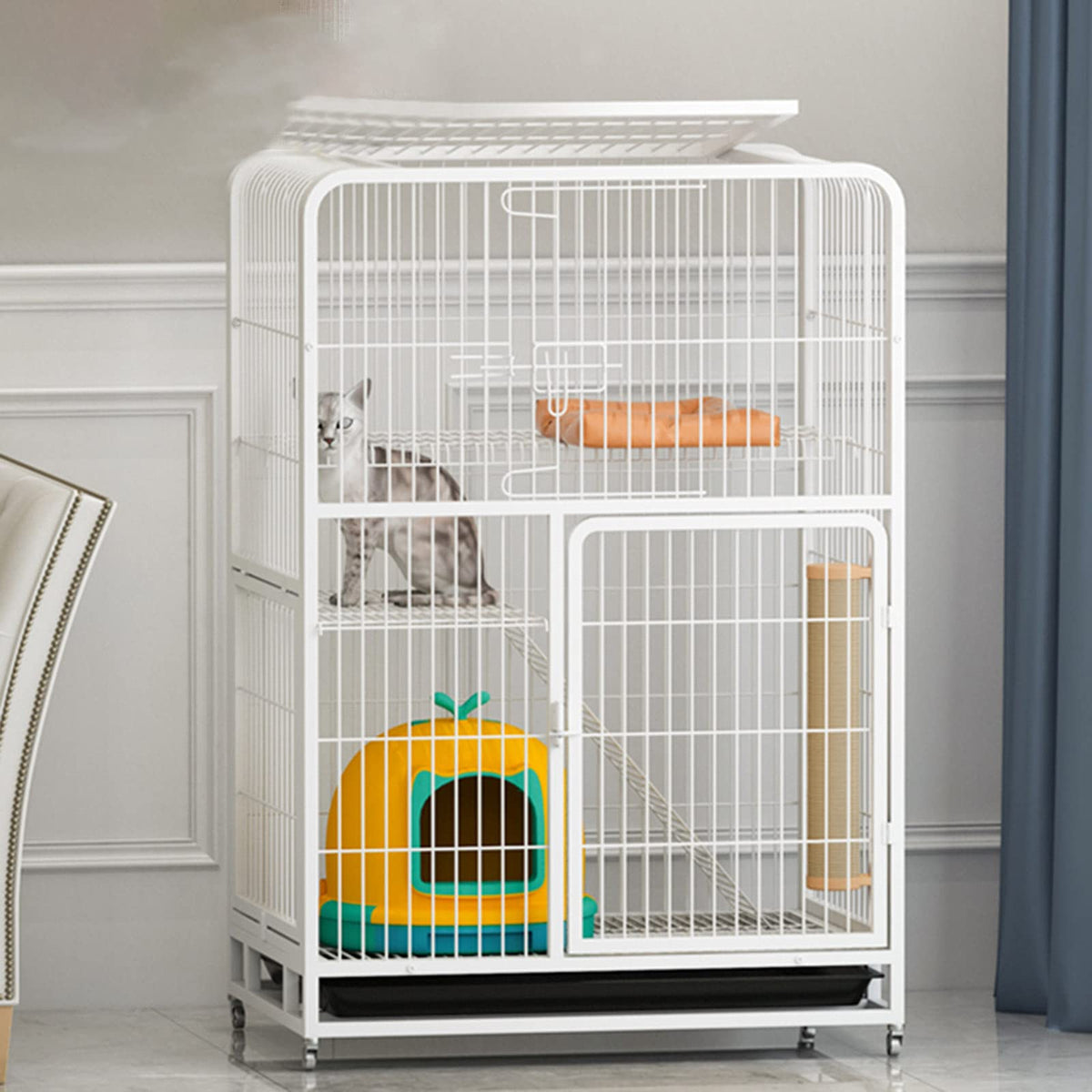 3-Tier Metal Wire Cat Cage with Hammock and Casters X8328