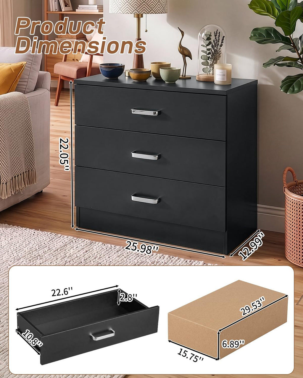 Black 3 Drawer Dresser C152