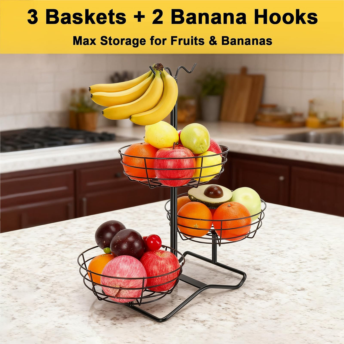 3 Tier Fruit Basket Bowl with 2 Banana Hooks C74912