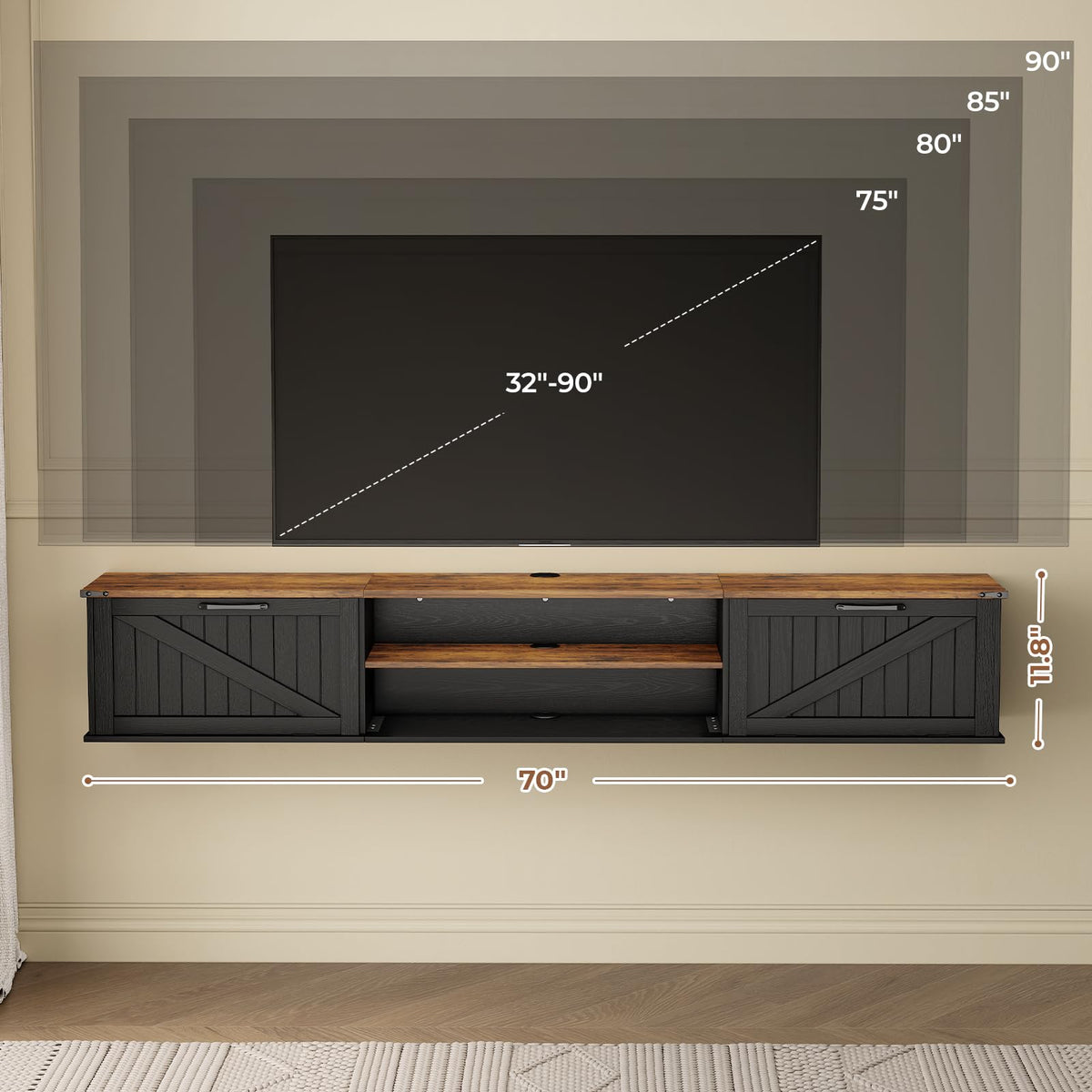 70" Black Floating TV Stand L253