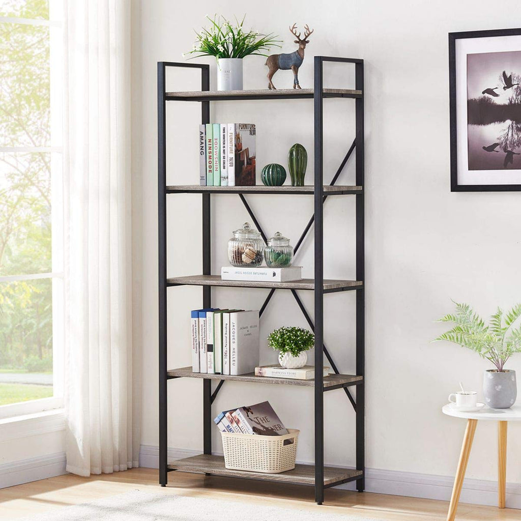 5 Tier Grey Wood and Metal Bookshelf X1403