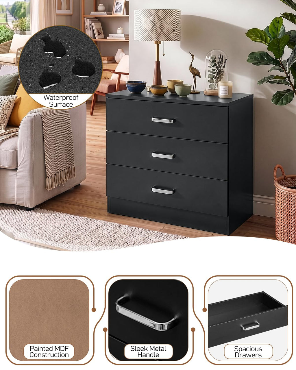Black 3 Drawer Dresser C152