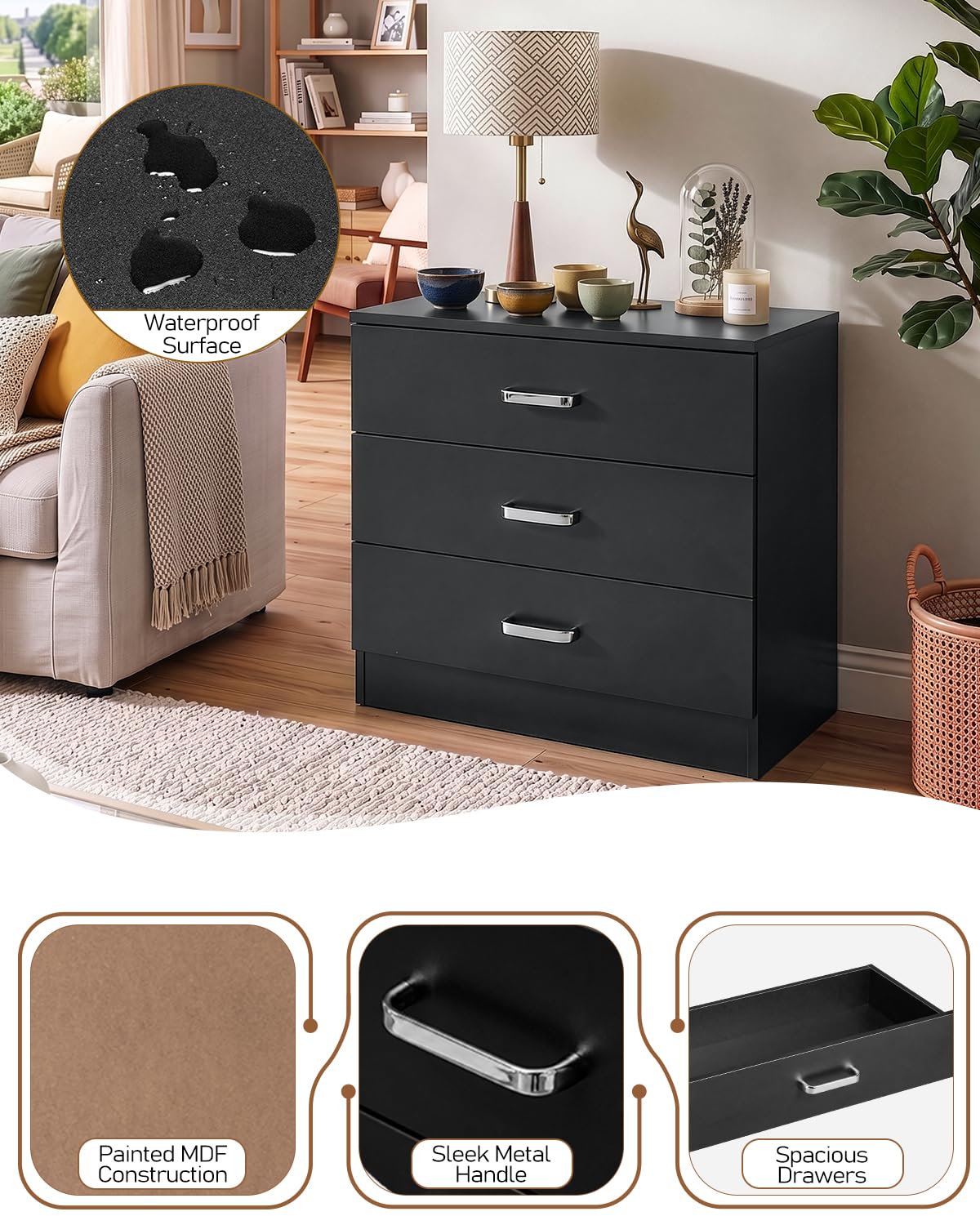 Black 3 Drawer Dresser C152