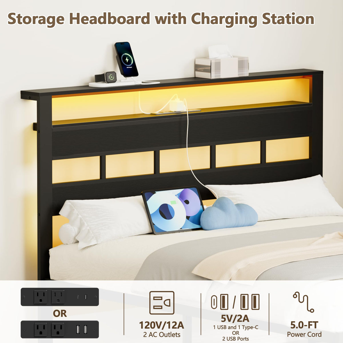 Queen Bed Frame with Storage Headboard and LED Lights N38898