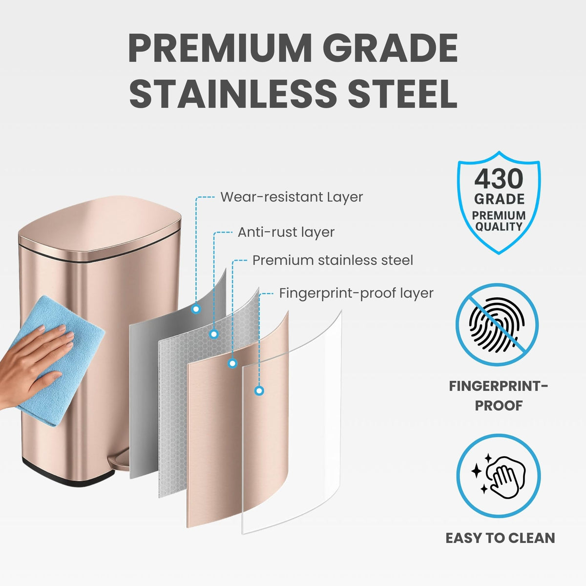 13.2 Gallon Rose Gold Stainless Steel Step Trash Can J14849