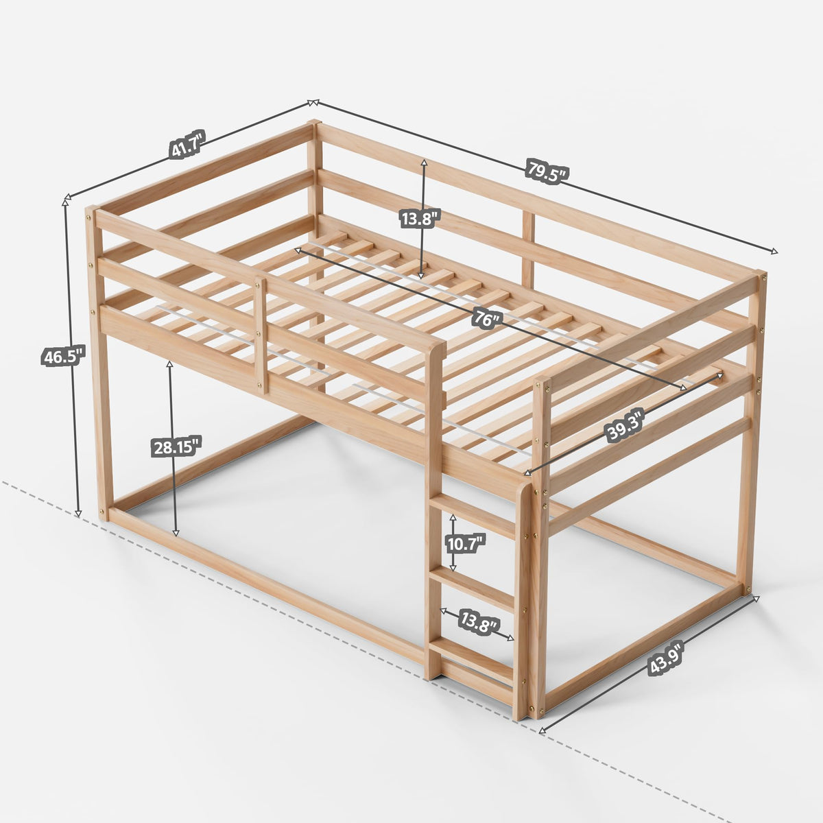 Twin Over Twin Low Bunk Bed with Ladder and Guardrails L32304