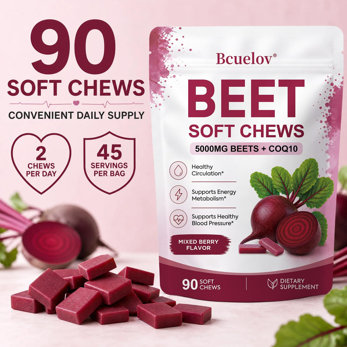 Beet Root Chews with CoQ10, Mixed Berry, 90 Ct F626