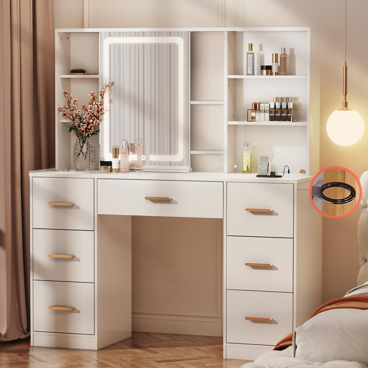 47'' White Vanity Desk with Mirror and Lights, 7 Drawers, 8 Storage Shelves A14197