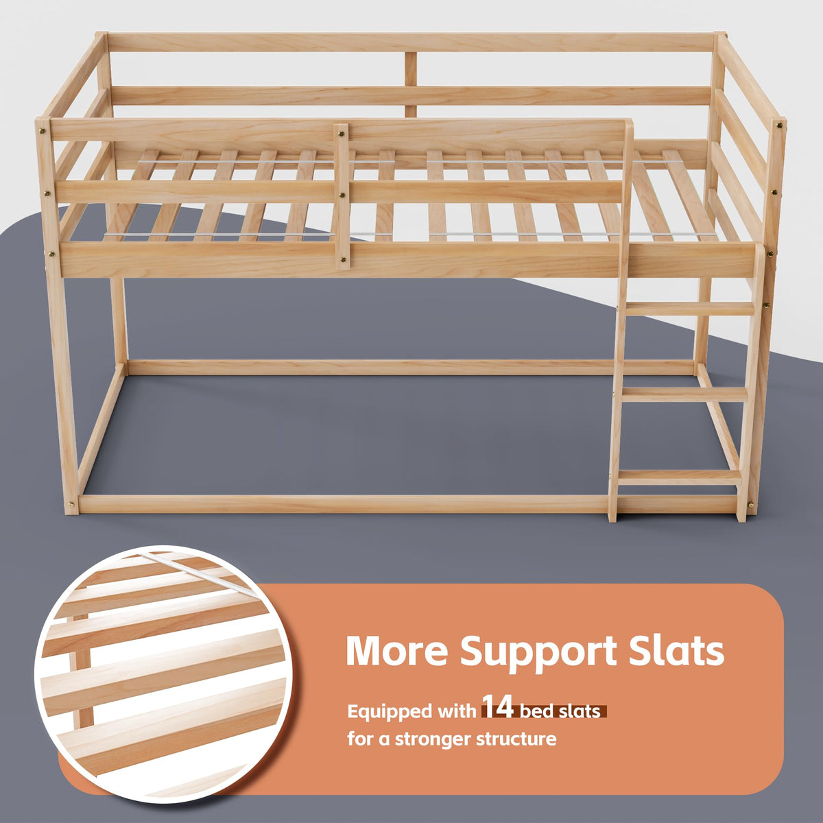 Twin Over Twin Low Bunk Bed with Ladder and Guardrails L32304
