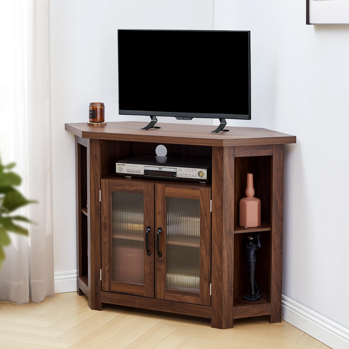 Corner TV Stand for TVs up to 48 Inch with Storage Shelves and 2 Doors M93324