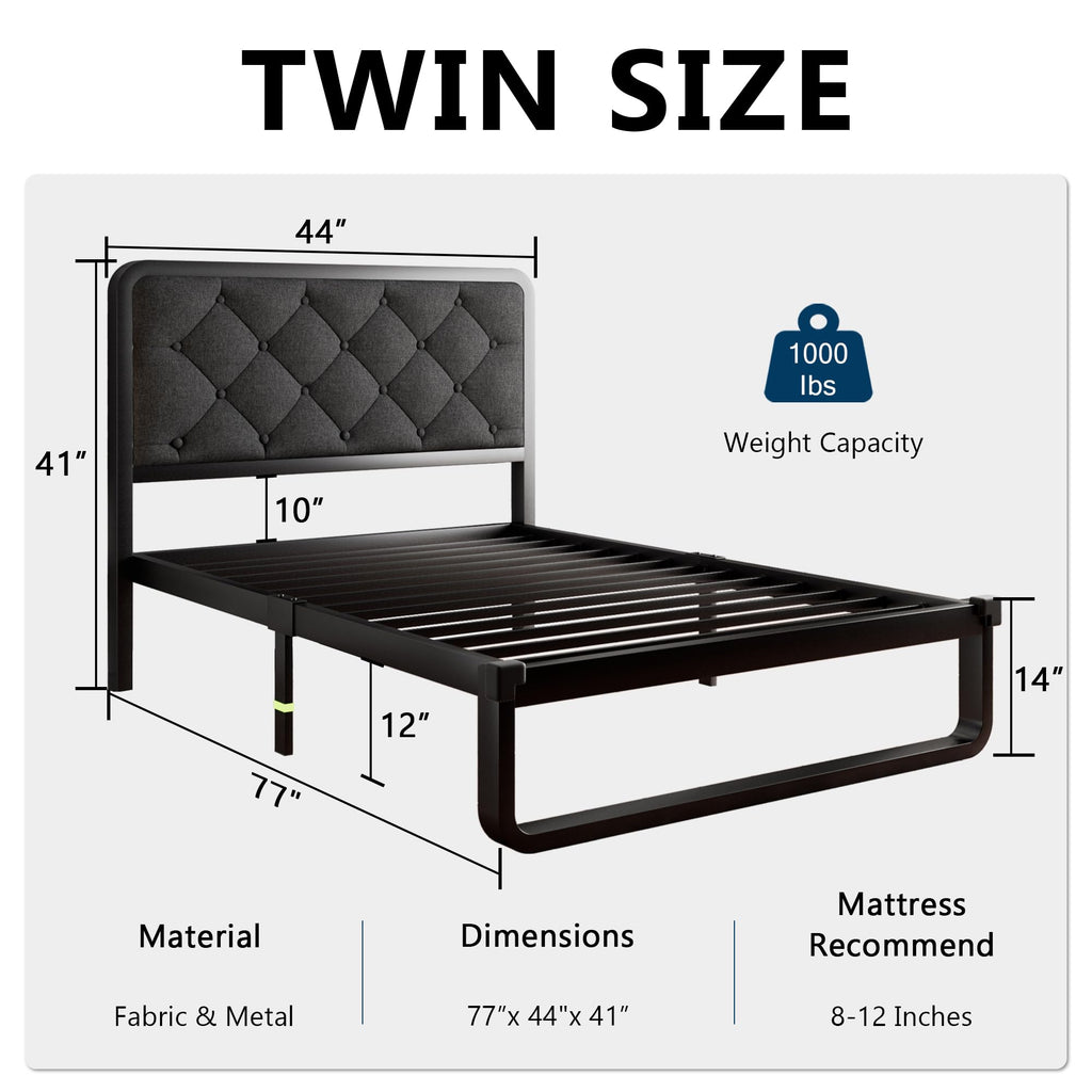 Twin Metal Platform Bed Frame with Linen Upholstered Headboard B340