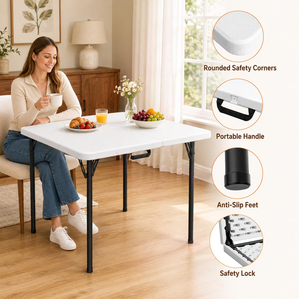 36" Square White Plastic Folding Card Table with Carrying Handle X28490