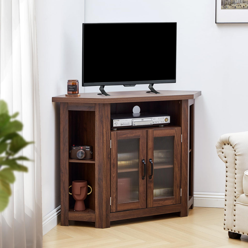 Corner TV Stand for TVs up to 48 Inch with Storage Shelves and 2 Doors M93324