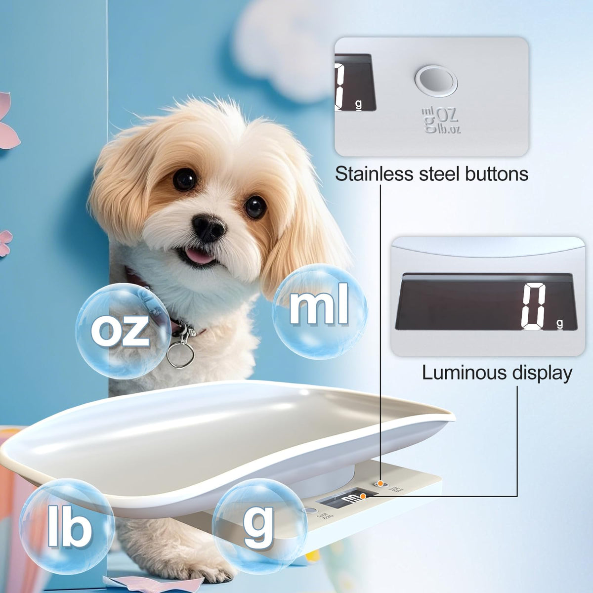 Digital Pet Scale for Small Animal, LED Display, Measures Up to 15kg, White C172662