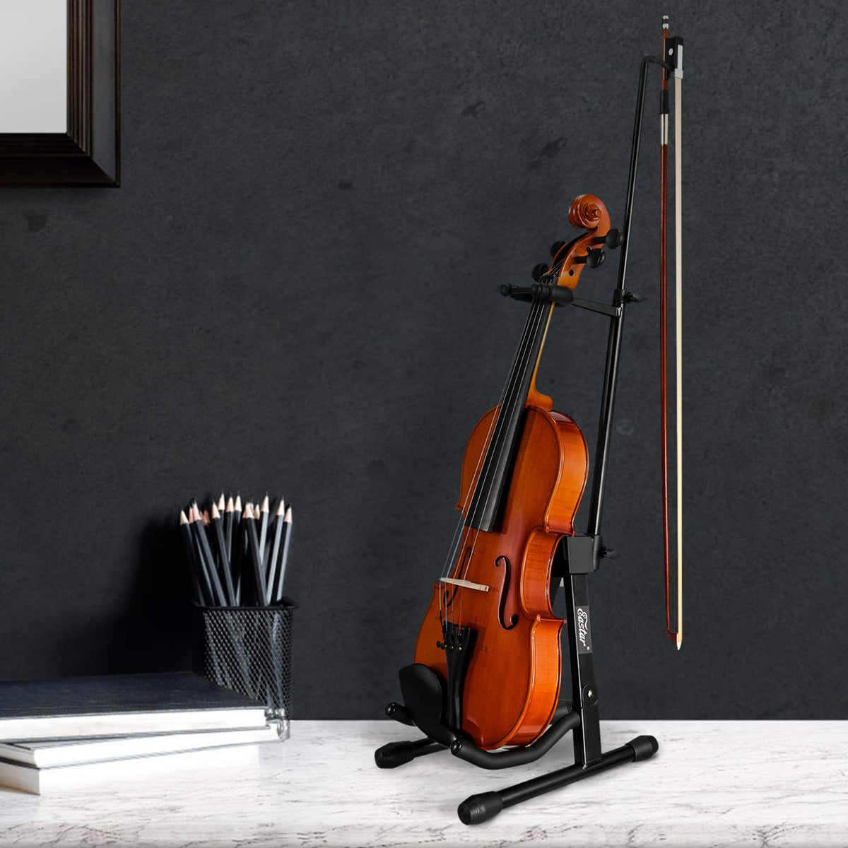 Violin Stand with Bows, Portable and Adjustable Holder Black H851411