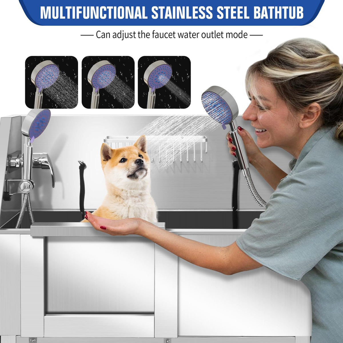 34 Inch Stainless Steel Dog Grooming Bathtub with Anti-Slip Stairs U65485