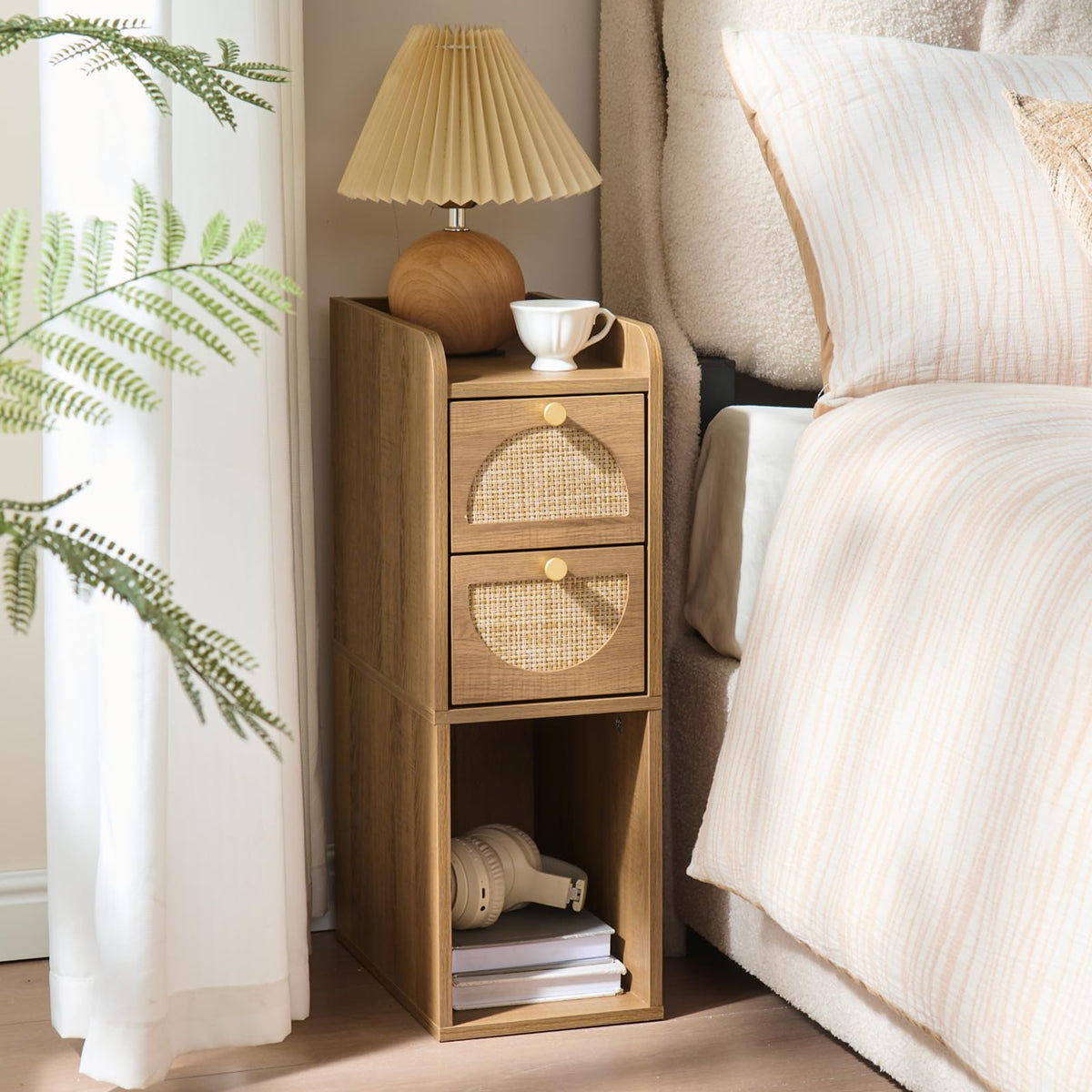 Narrow Rattan Wood Nightstand with 2 Drawers F3641