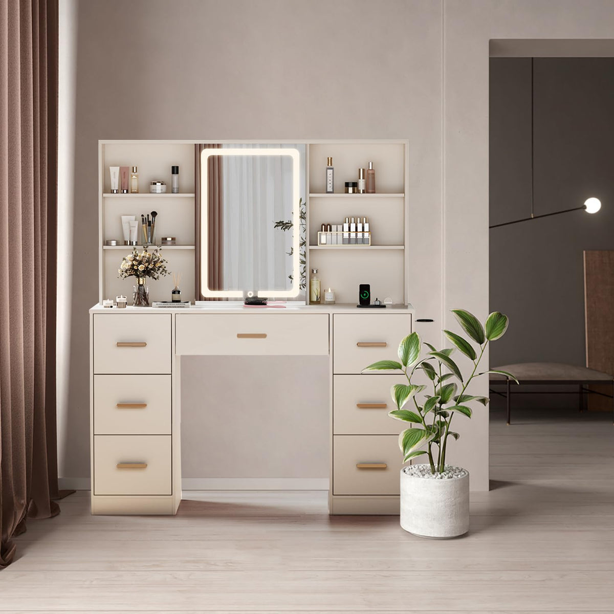 47'' White Vanity Desk with Mirror and Lights, 7 Drawers, 8 Storage Shelves A14197