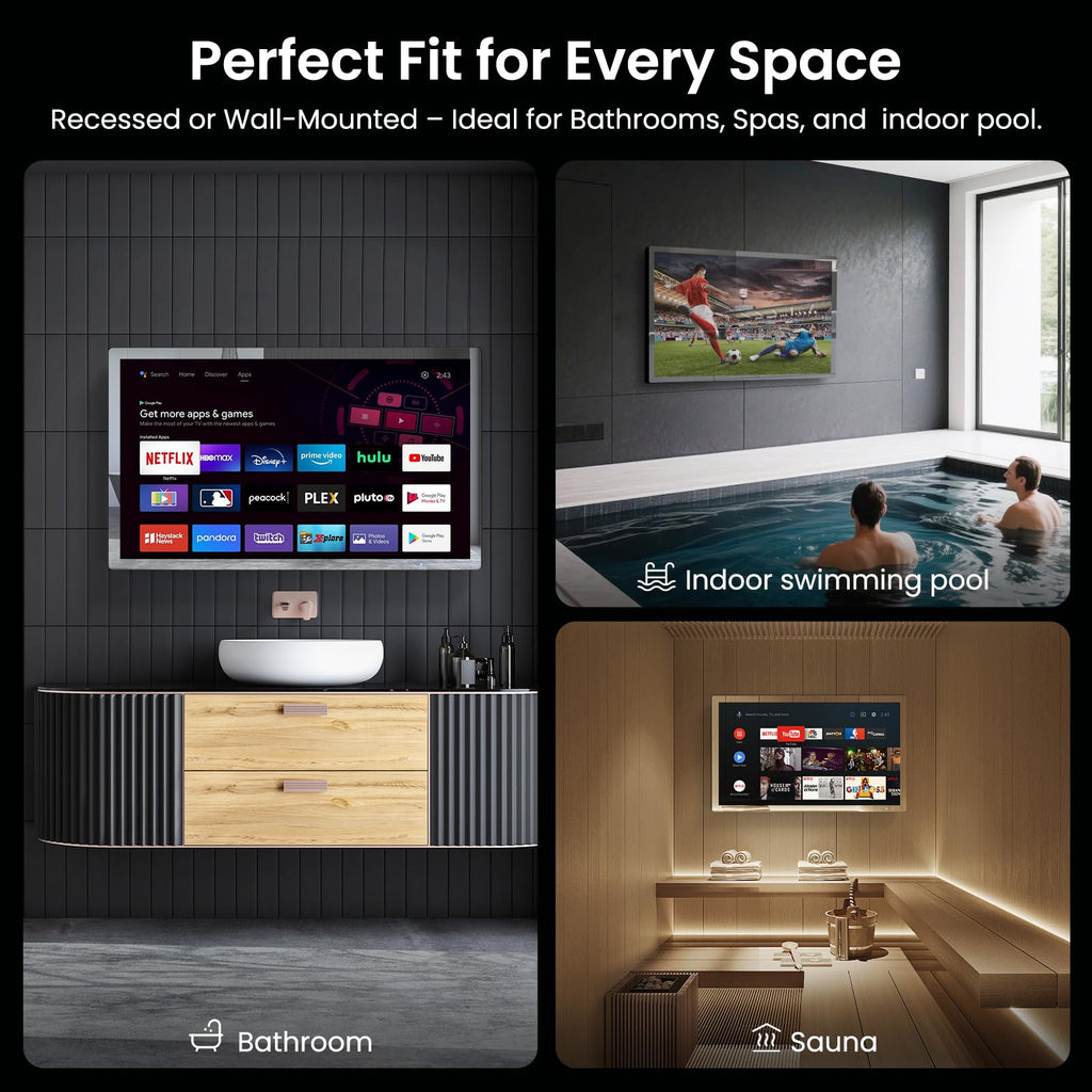 32" 4K Ultra HD Smart Bathroom Mirror TV, IP66 Waterproof, Wall Mounted J17648