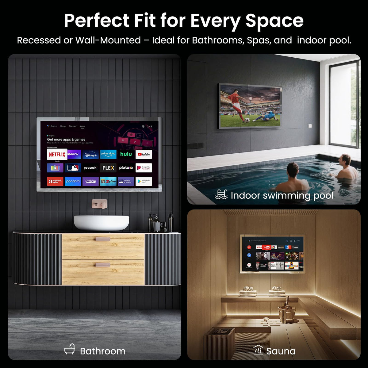 32" 4K Ultra HD Smart Bathroom Mirror TV, IP66 Waterproof, Wall Mounted J17648