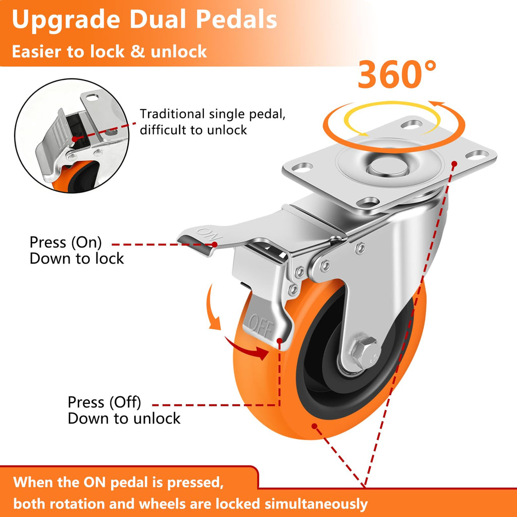 4" Heavy Duty Swivel Caster Wheels Set of 4 with Dual Locking B254