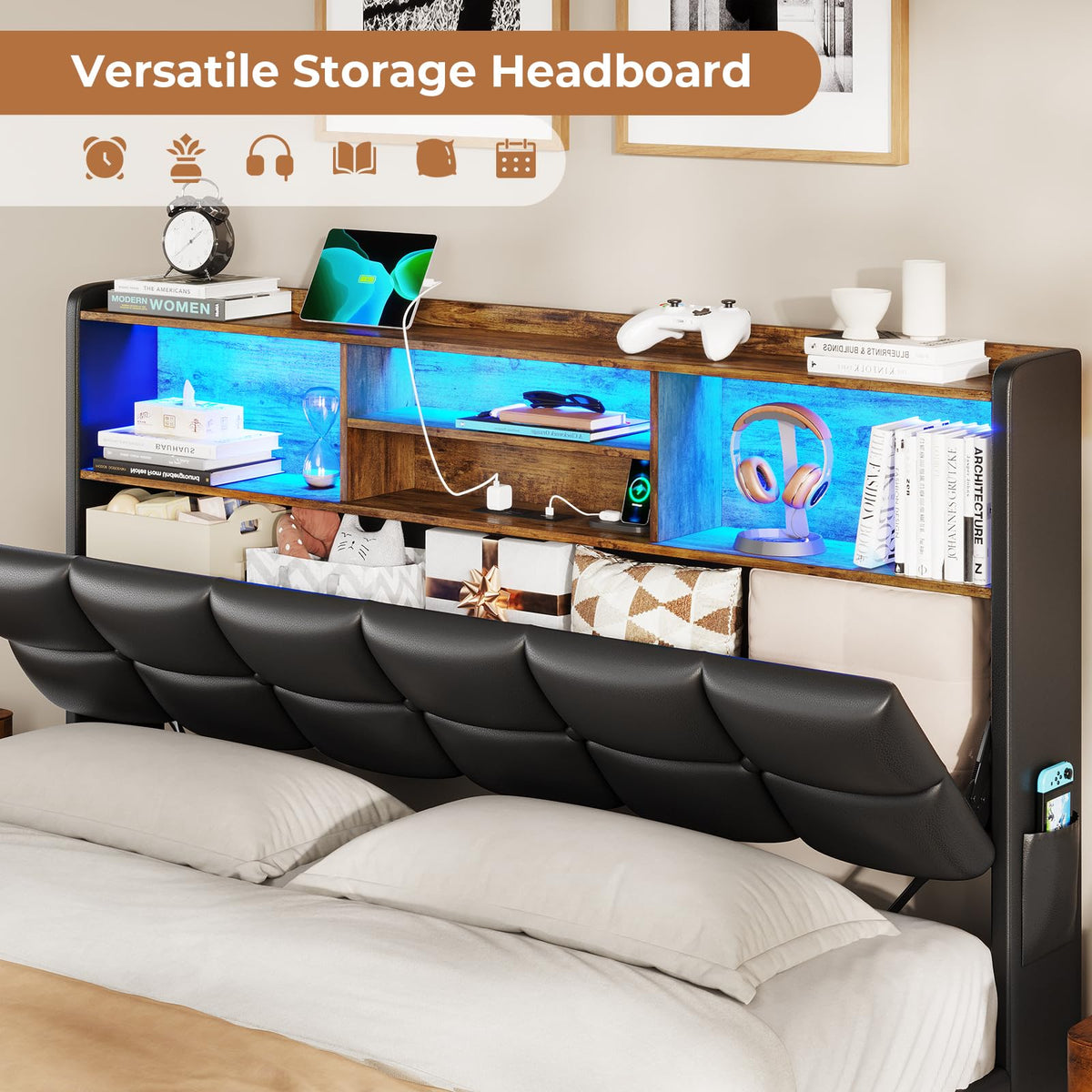 Black Full Size Upholstered Platform Bed Frame with Bookcase Headboard and 4 Drawers M80679