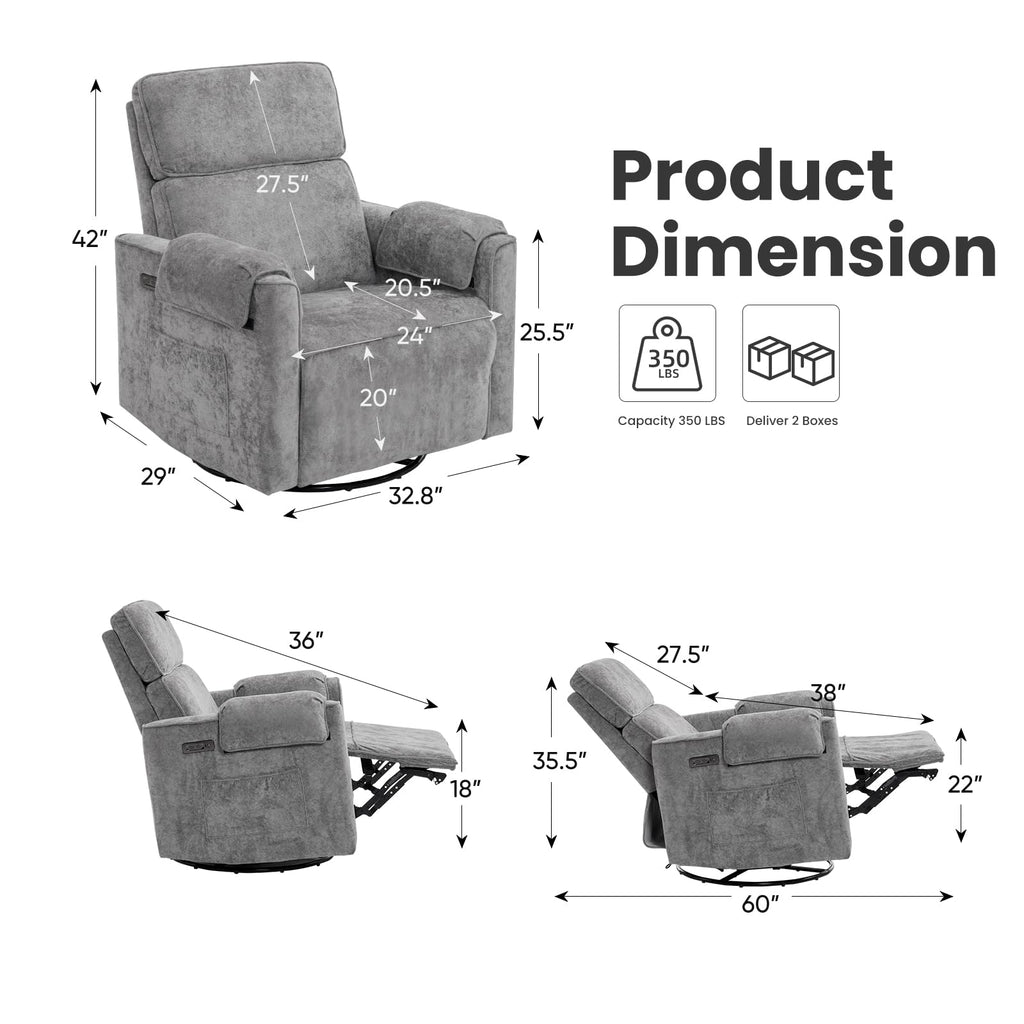 Oversized Swivel Rocking Recliner Chair with USB Ports, Grey D656041