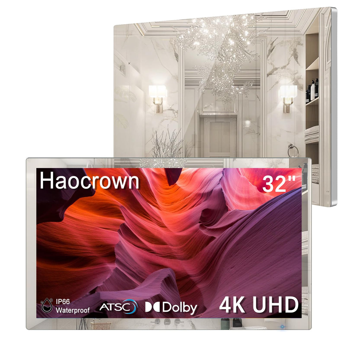 32" 4K Ultra HD Smart Bathroom Mirror TV, IP66 Waterproof, Wall Mounted J17648