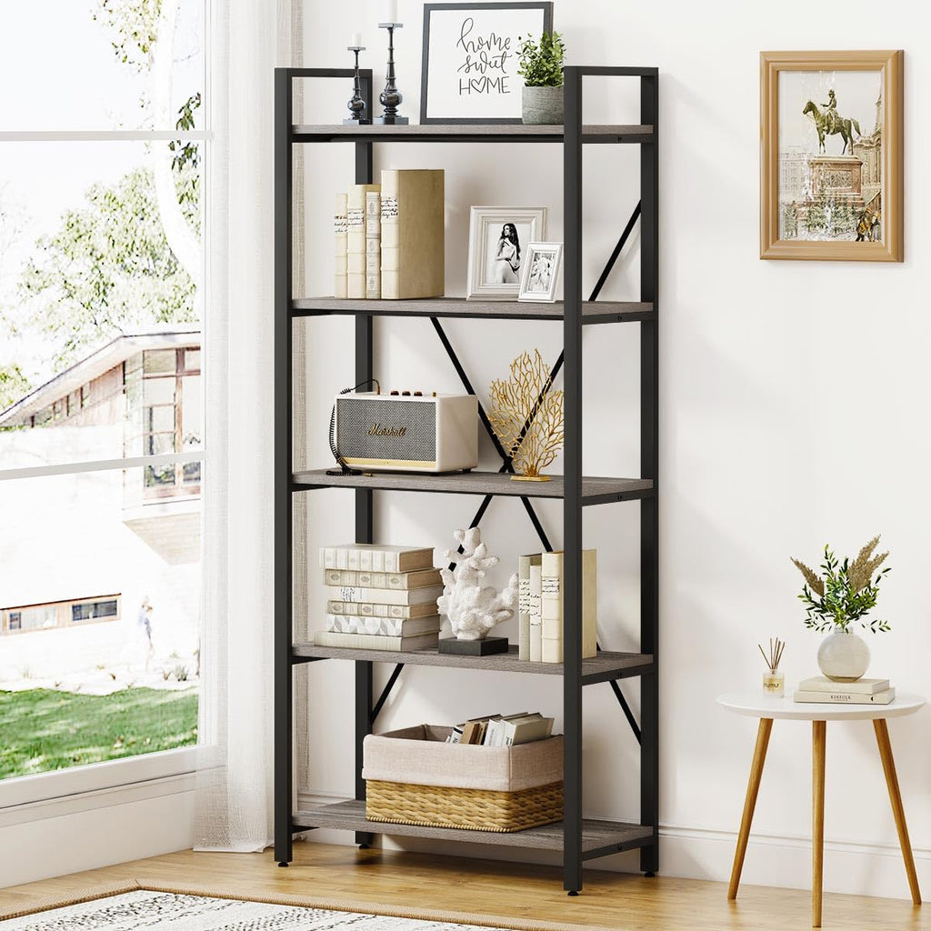 5 Tier Grey Wood and Metal Bookshelf X1403